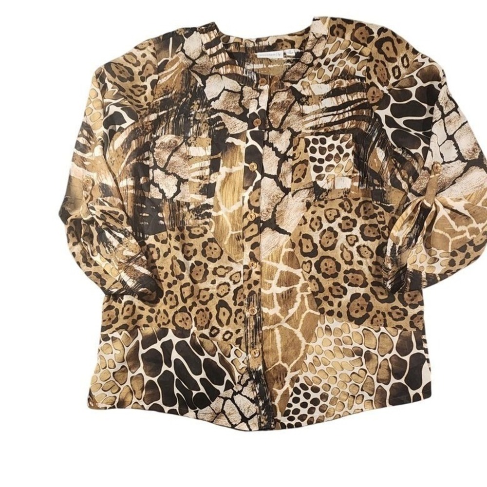 Susan Graver Shirt Womens 2X Brown Animal‎ Print Safari Button Front Blouse Top
